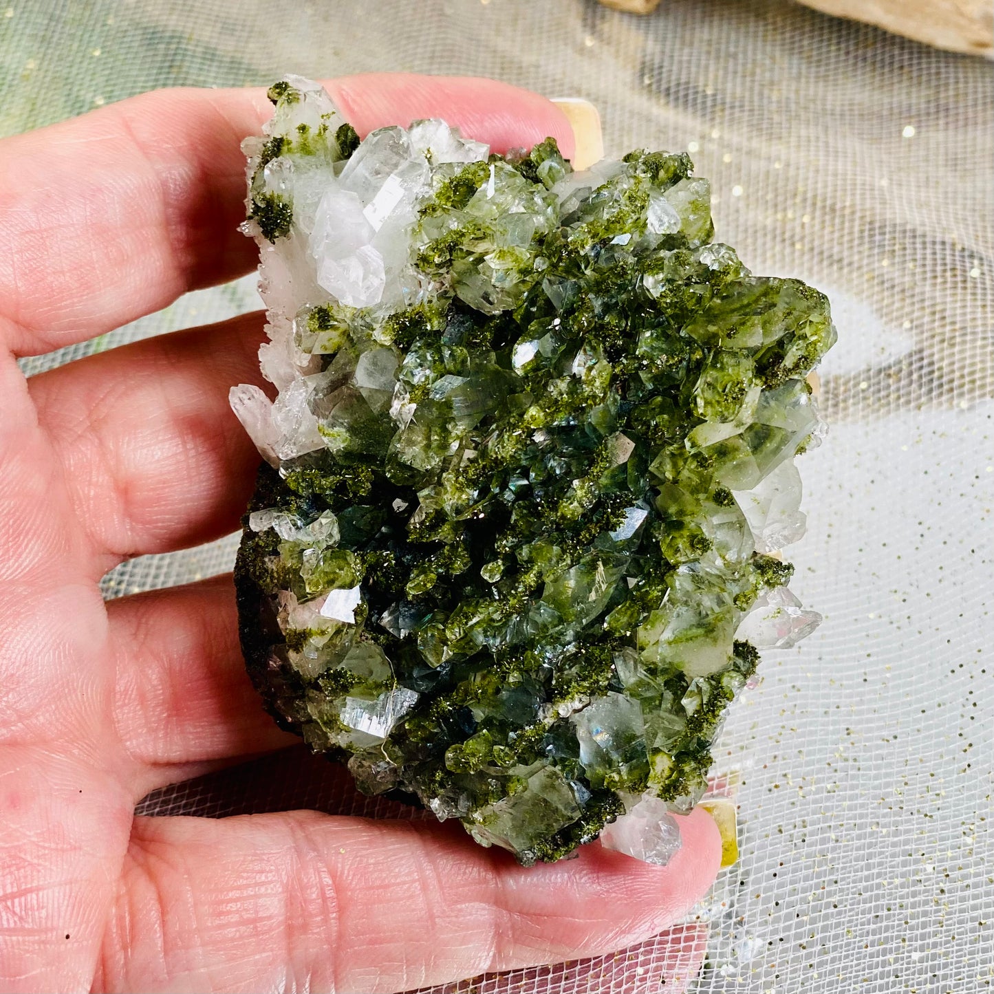 Epidote with Quartz Crystal for Healing, Growth, and Manifestation