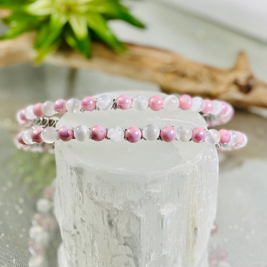 Selenite & Bubble Gum Pink Beads Headband for Healing Energy and Style