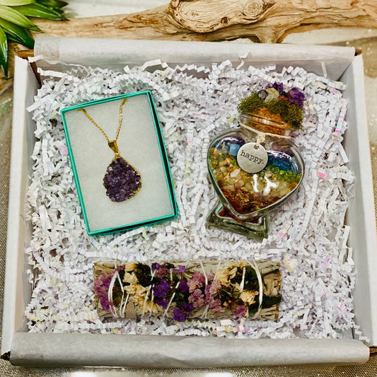 Serenity & Spirit Happy Harmony Gift Set: Sage Bundle, Amethyst Druzy Necklace, and Chakra Crystal Infused Heart Jar