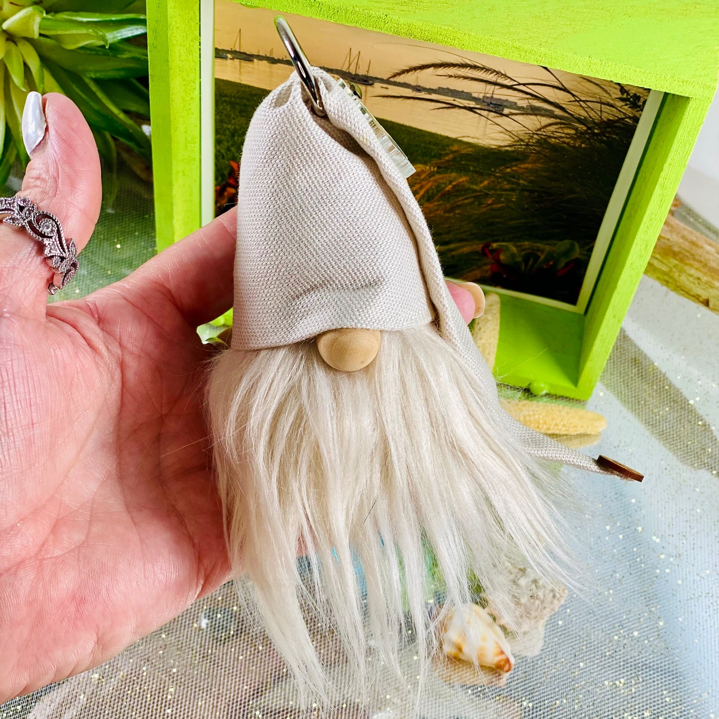 Beach-Themed Gnome Set with Healing Aqua Aura Quartz, Seaglass, Starfish, Shells, and Wood Gnome Home