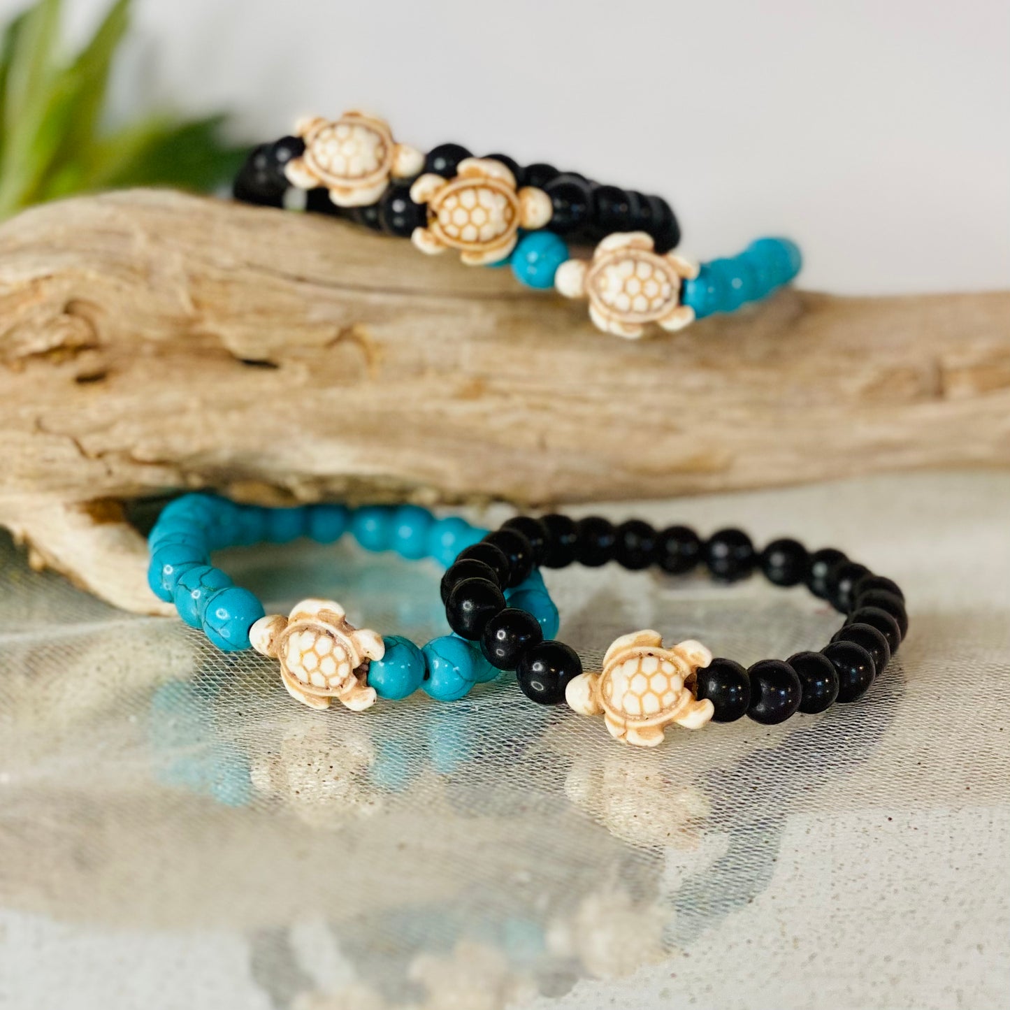 Blue Howlite or Black Bead 7-Inch Stretch Crystal Bracelet with Adorable Turtle Charm