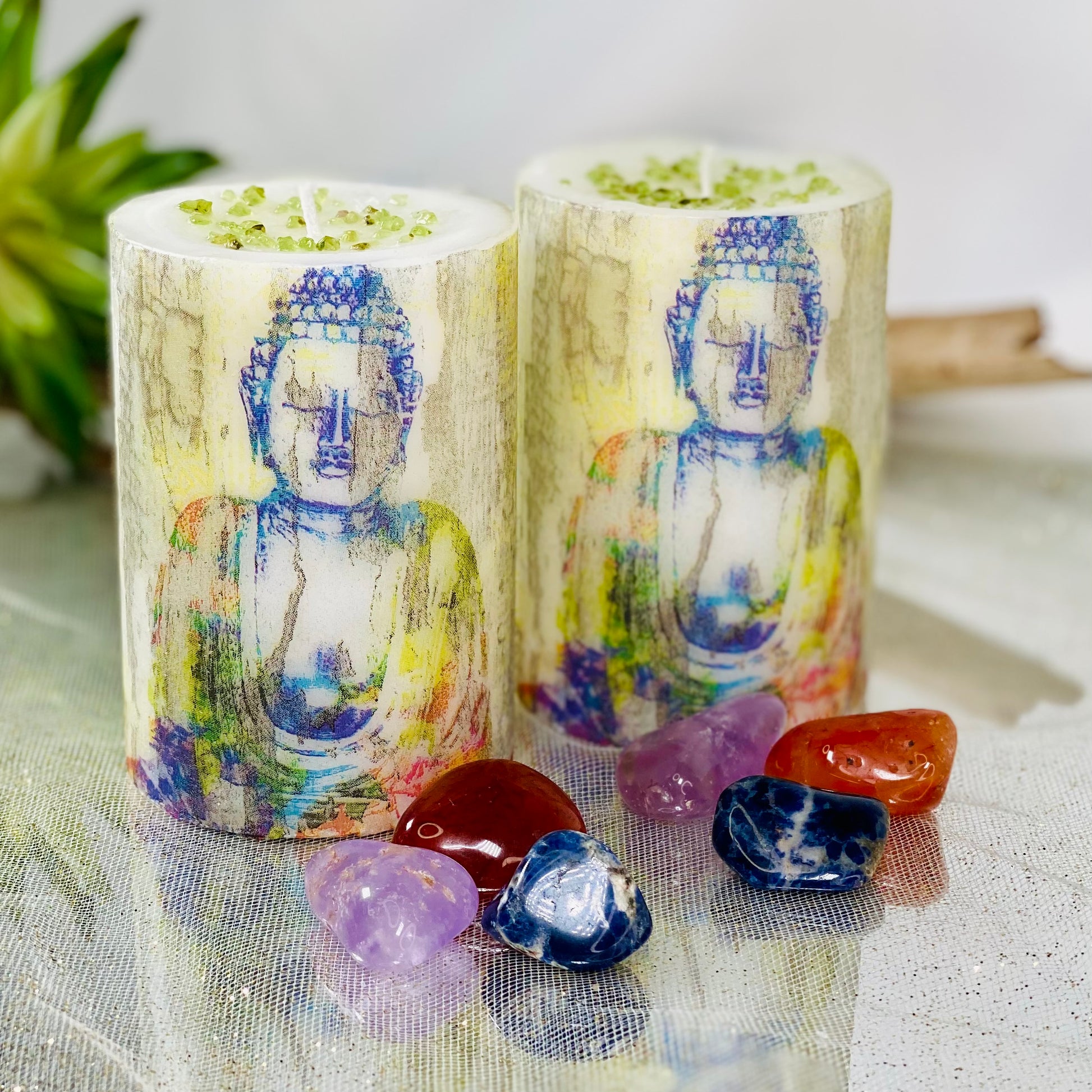 Set of 2 Peridot Buddha candles & 6 crystals- CBTS