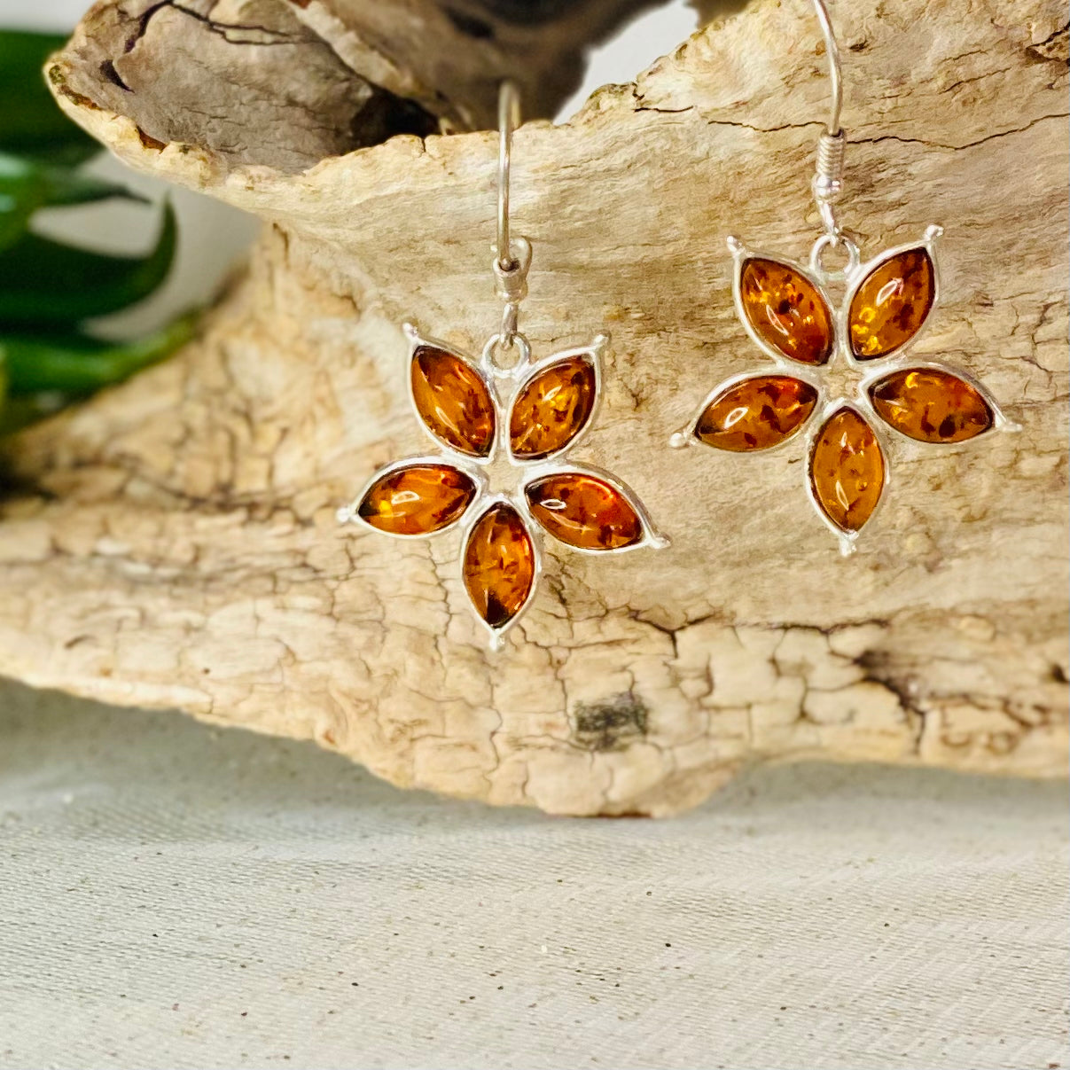 Sterling Silver Amber Flower Earrings: Blossoms of Healing Energy