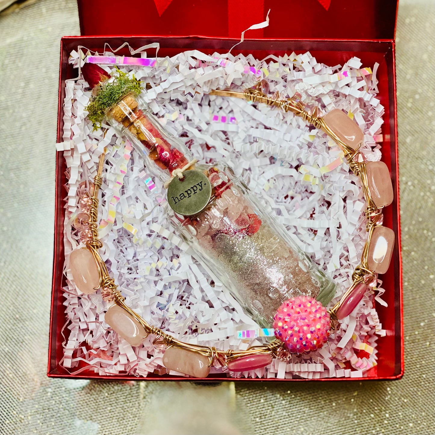 Love's Embrace Gift Set: Rose Quartz Crystal Crown & Rose Quartz Infused Glass Bottle with Dried Roses