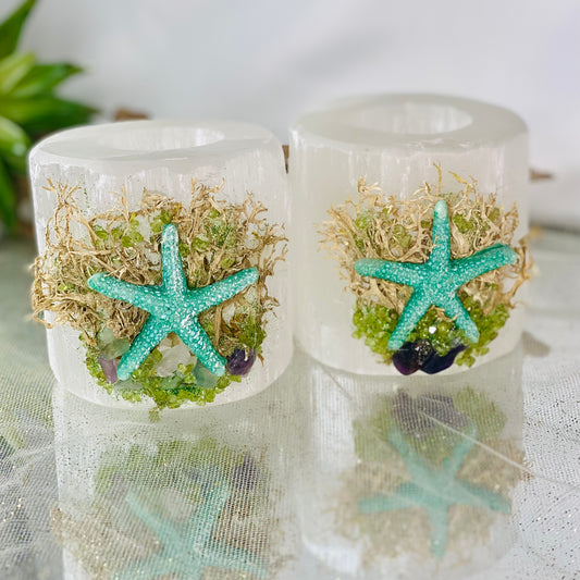 Beach-Themed Selenite Candle Holder Decorated with Fluorite & Peridot Crystal Chips and Starfish