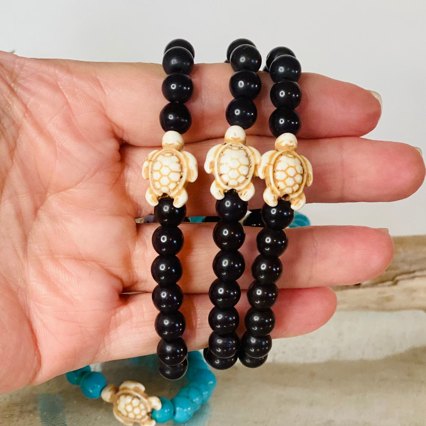 Blue Howlite or Black Bead 7-Inch Stretch Crystal Bracelet with Adorable Turtle Charm