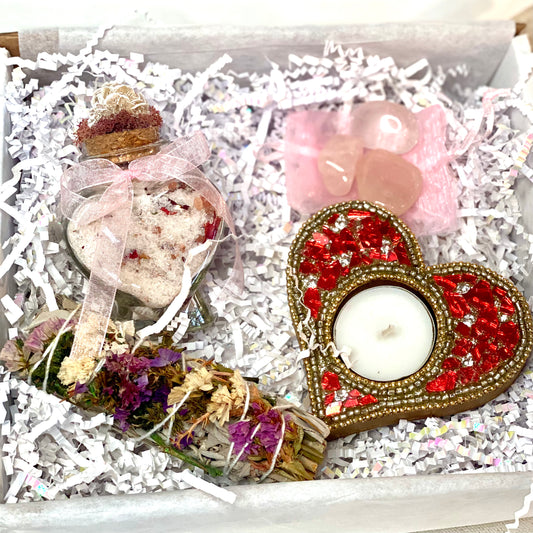 Heartfelt Harmony Gift Set: Desert Rose, Bath Bliss, Sage Bundle, Rose Quartz Crystals