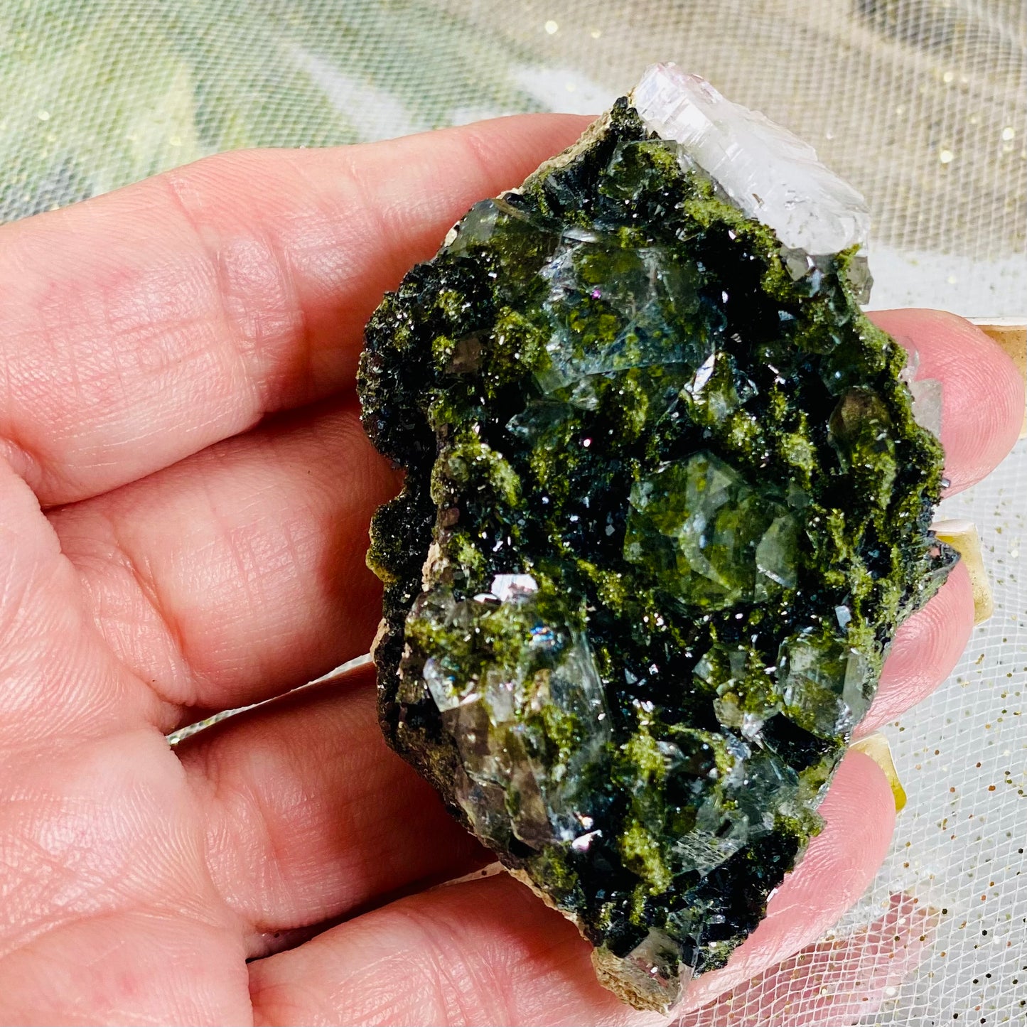 Epidote with Quartz Crystal for Healing, Growth, and Manifestation