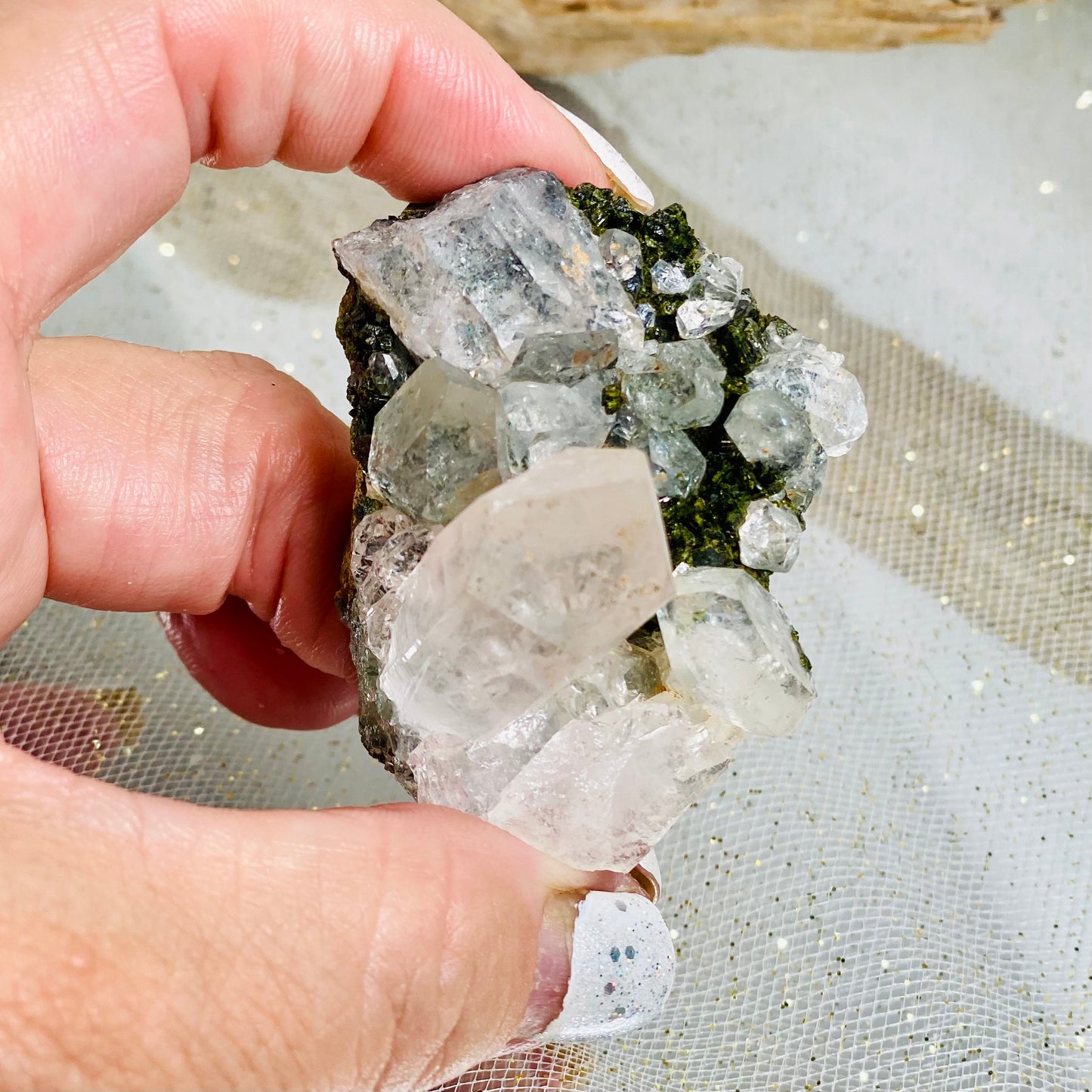 Epidote with Quartz Crystal for Healing, Growth, and Manifestation