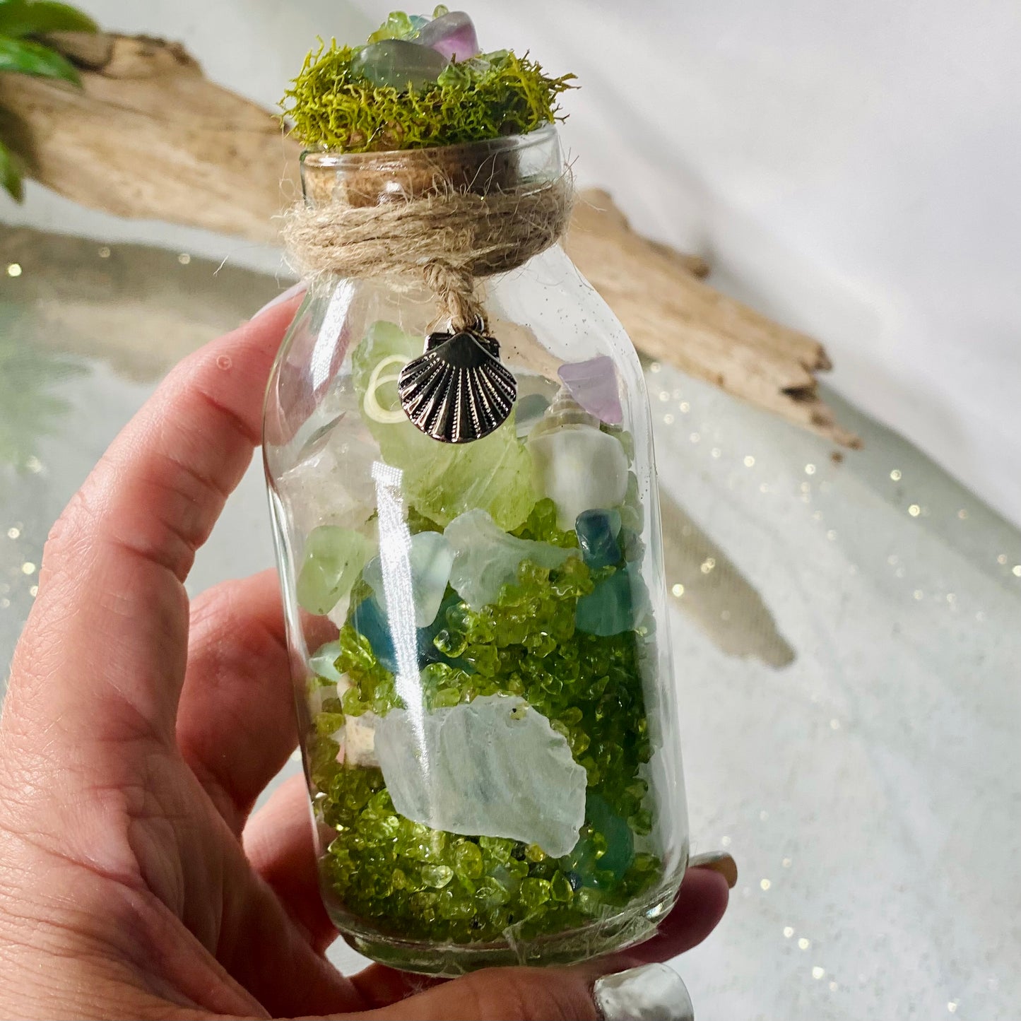 Enchanting Mini Beach Themed Bottles Filled with Seashells, Sea Glass, Quartz Point, Fluorite & Peridot Tumbled Chips | Coastal Treasure Bottles