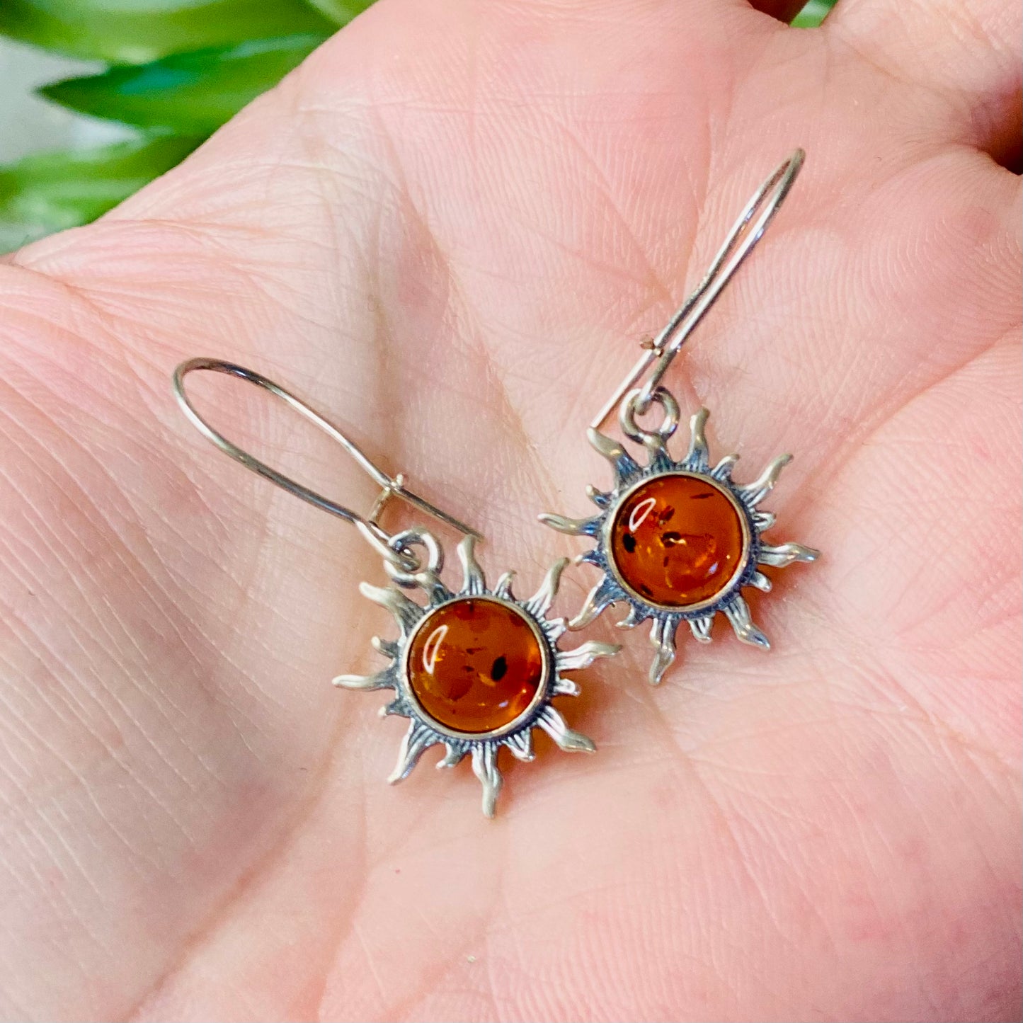 Sterling Silver Amber Sun Earrings: Radiant Healing Energies - small