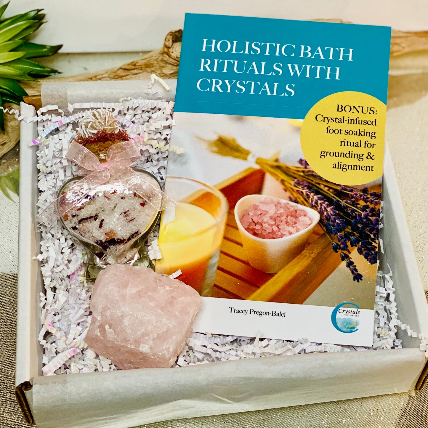 Serenity Spa Set: Rose Quartz Bath Ritual Kit with Raw Rose Quartz Chunk, Bath Salts & Book