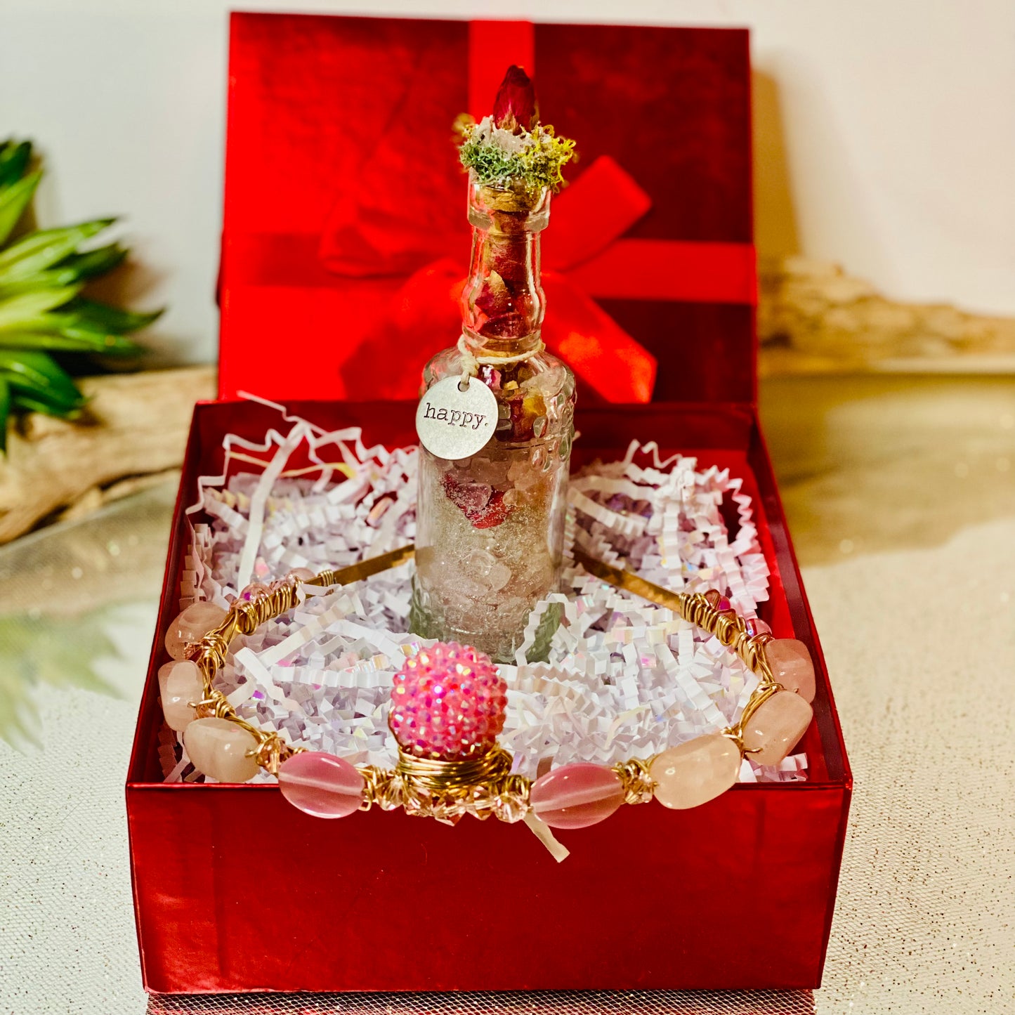 Love's Embrace Gift Set: Rose Quartz Crystal Crown & Rose Quartz Infused Glass Bottle with Dried Roses