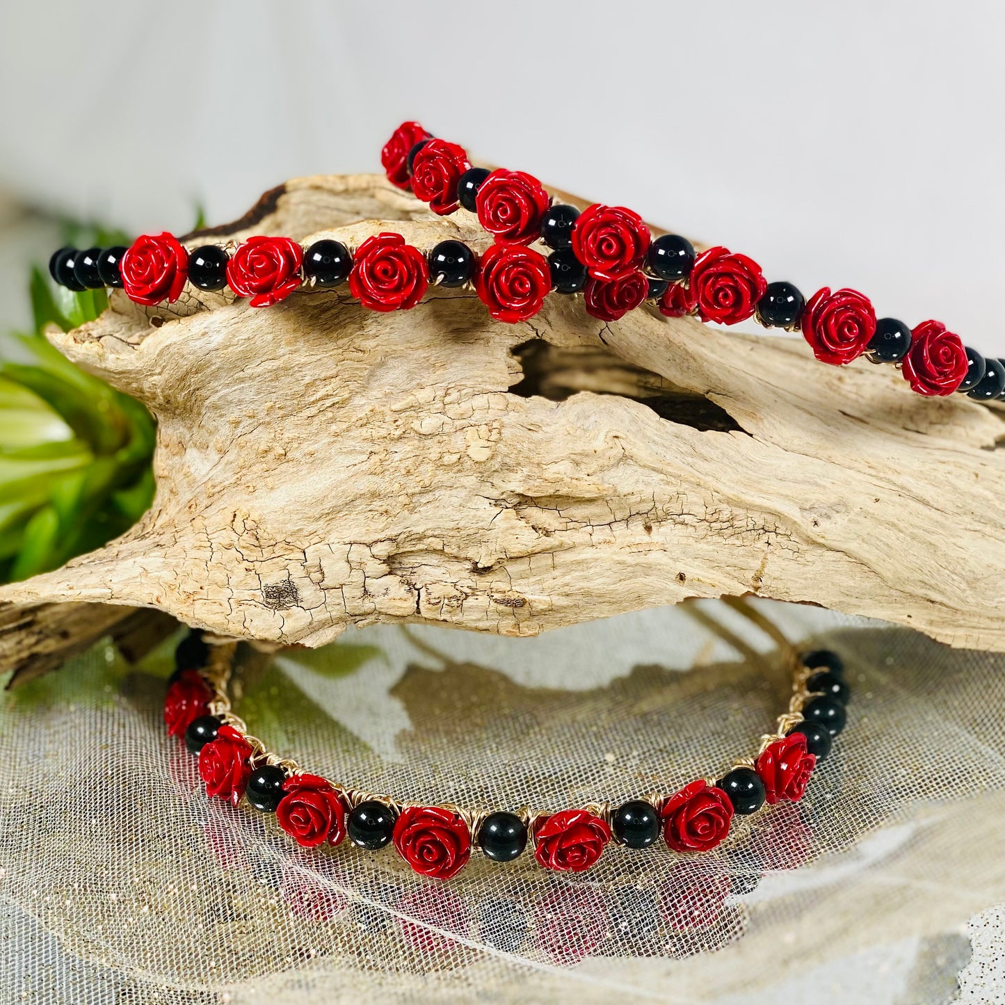 Elegant Black Obsidian Crystal Headband with Red Faux Roses