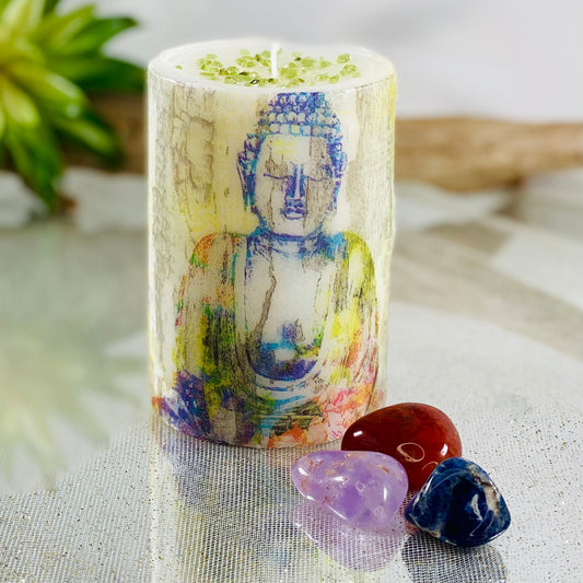 Peridot Buddha candle & crystal set- CBTS
