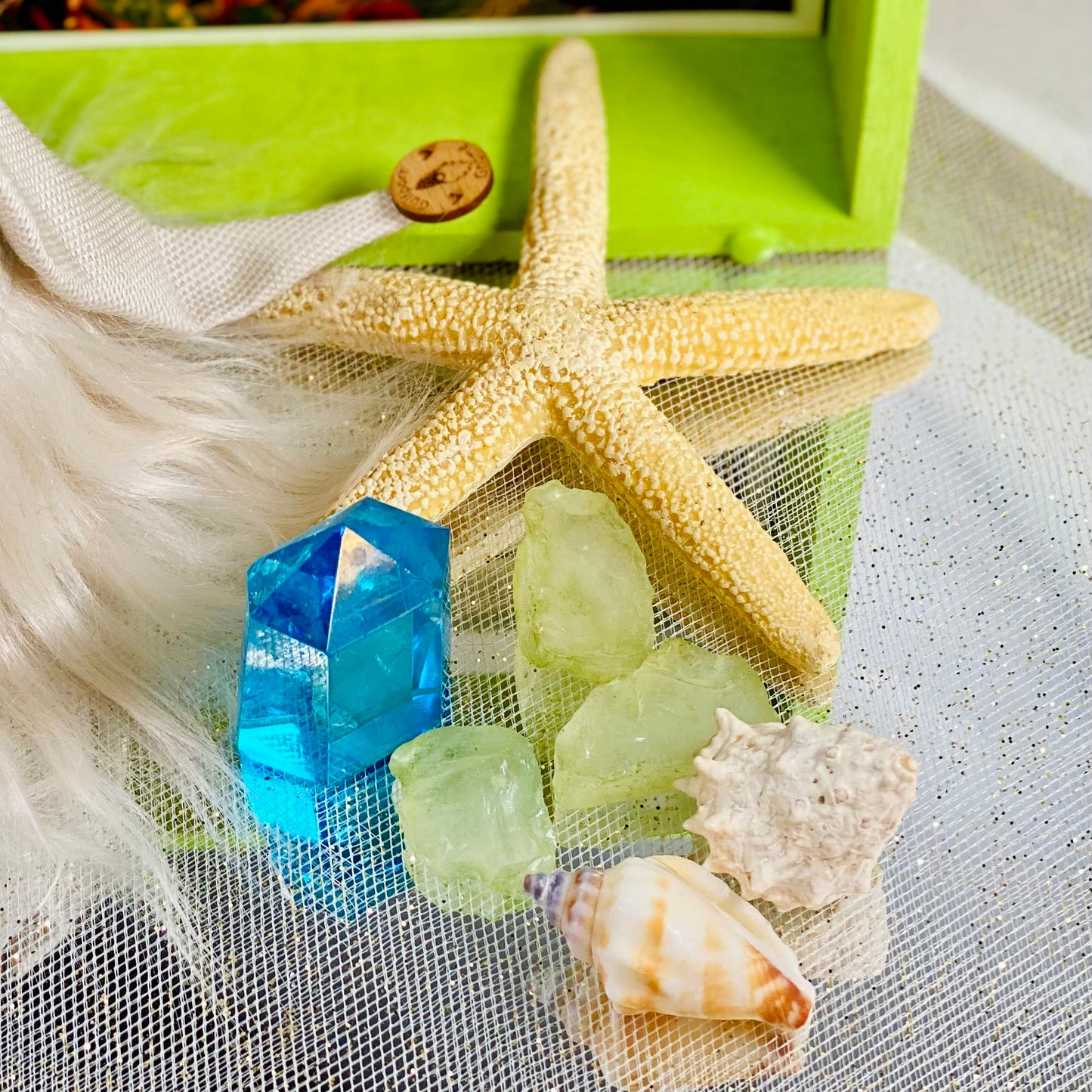 Beach-Themed Gnome Set with Healing Aqua Aura Quartz, Seaglass, Starfish, Shells, and Wood Gnome Home