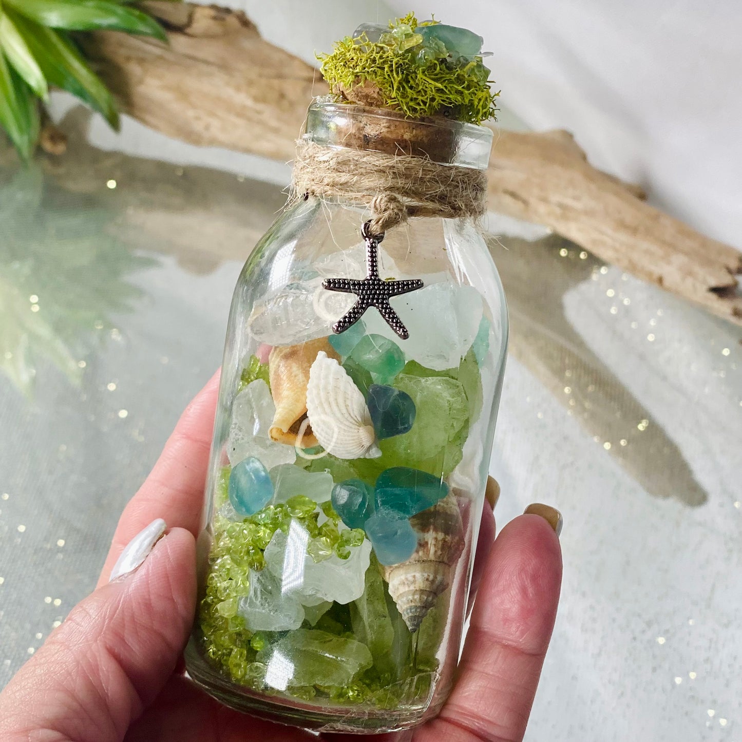 Enchanting Mini Beach Themed Bottles Filled with Seashells, Sea Glass, Quartz Point, Fluorite & Peridot Tumbled Chips | Coastal Treasure Bottles