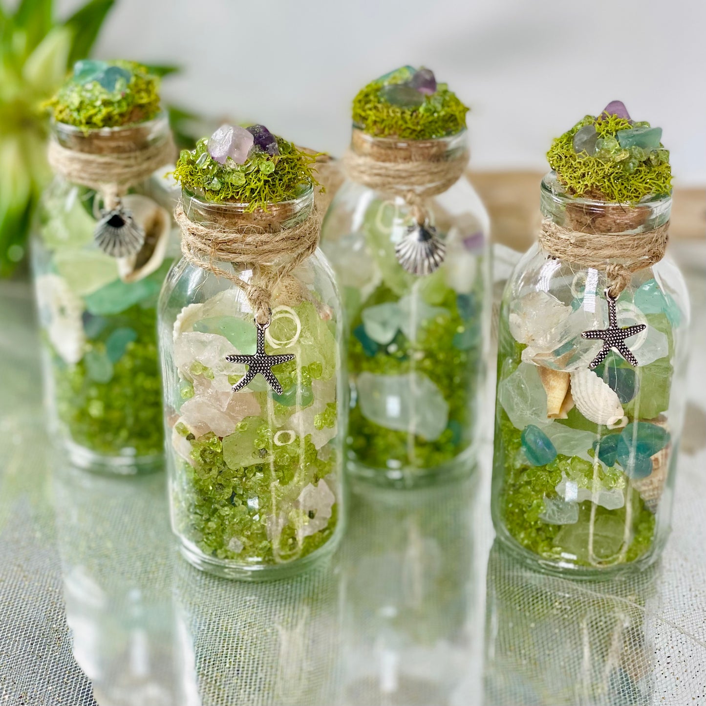 Enchanting Mini Beach Themed Bottles Filled with Seashells, Sea Glass, Quartz Point, Fluorite & Peridot Tumbled Chips | Coastal Treasure Bottles