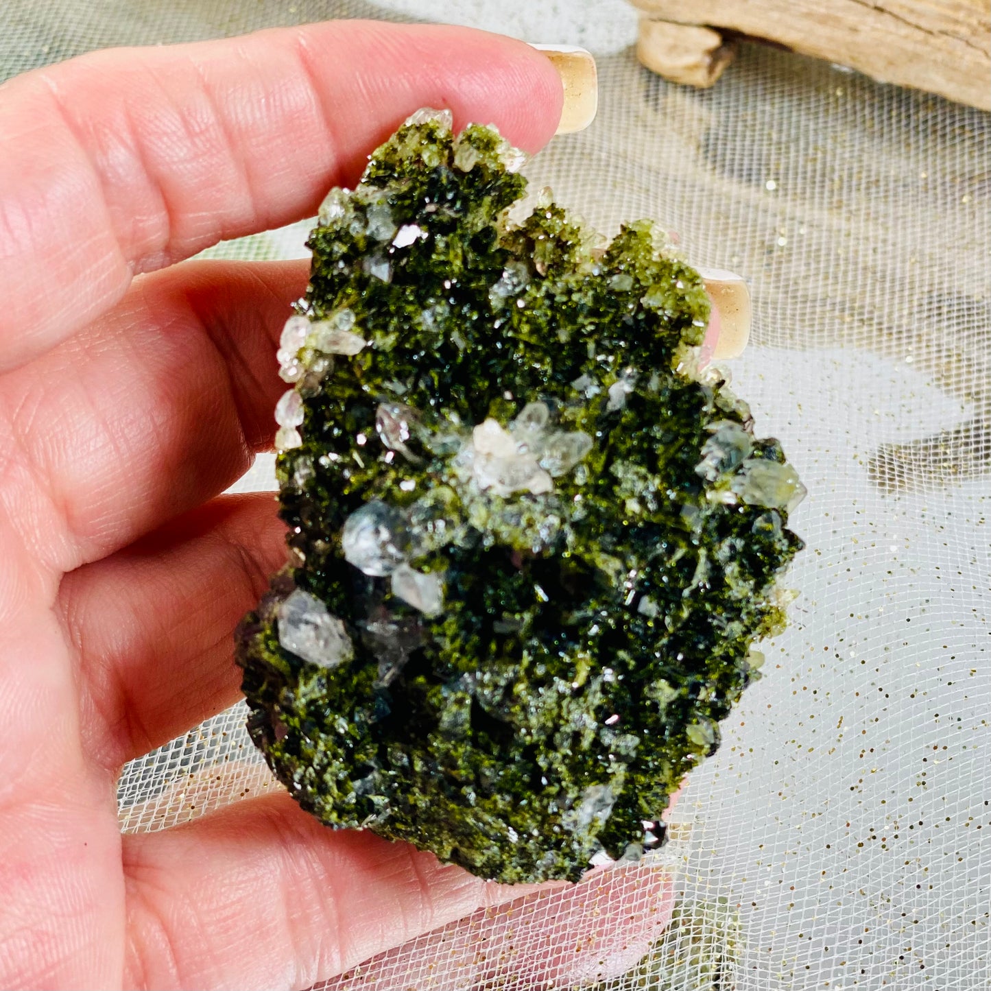 Epidote with Quartz Crystal for Healing, Growth, and Manifestation