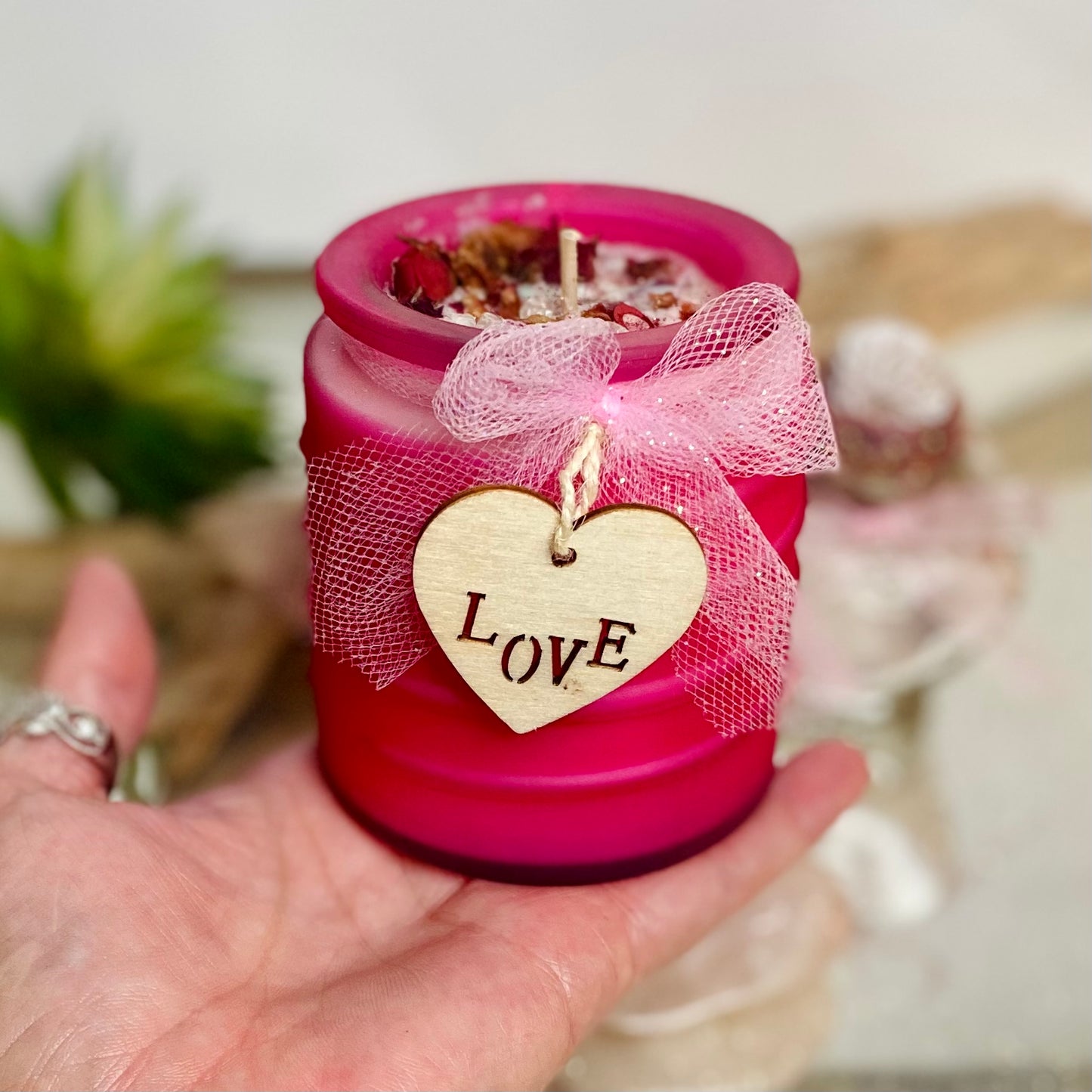 Trio of Love Gift Set: Decorated Love Candle, Heart Jar Bath Salts, Rose Quartz Crystal