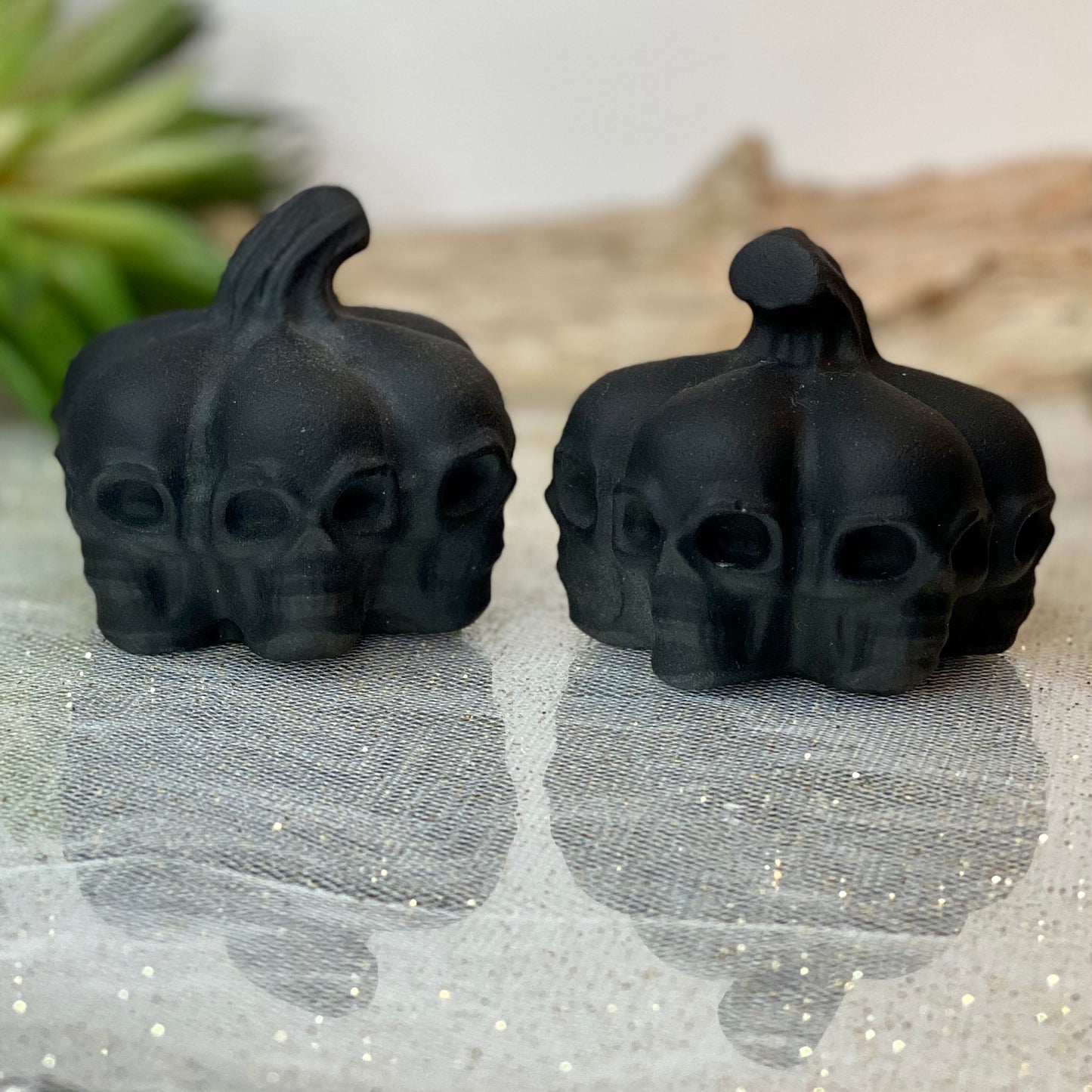 Black Obsidian Carved Skull Pumpkins: Unique Halloween Decor with Protective Energies