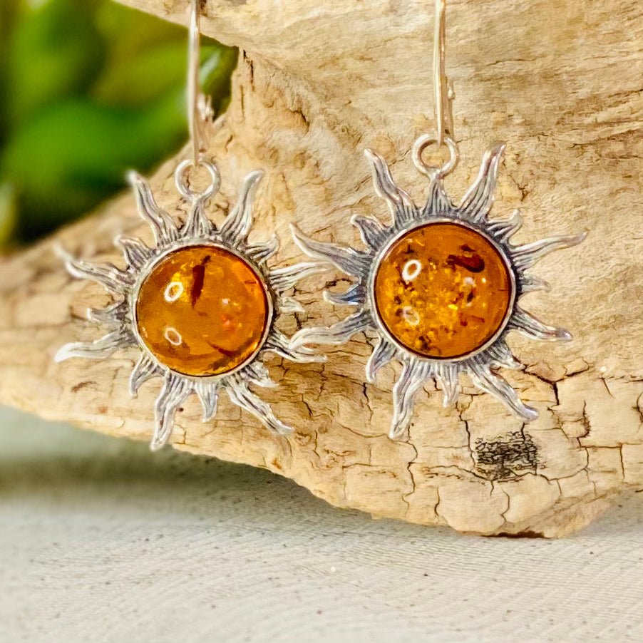 Sterling Silver Amber Sun Earrings: Radiant Healing Energies - Medium