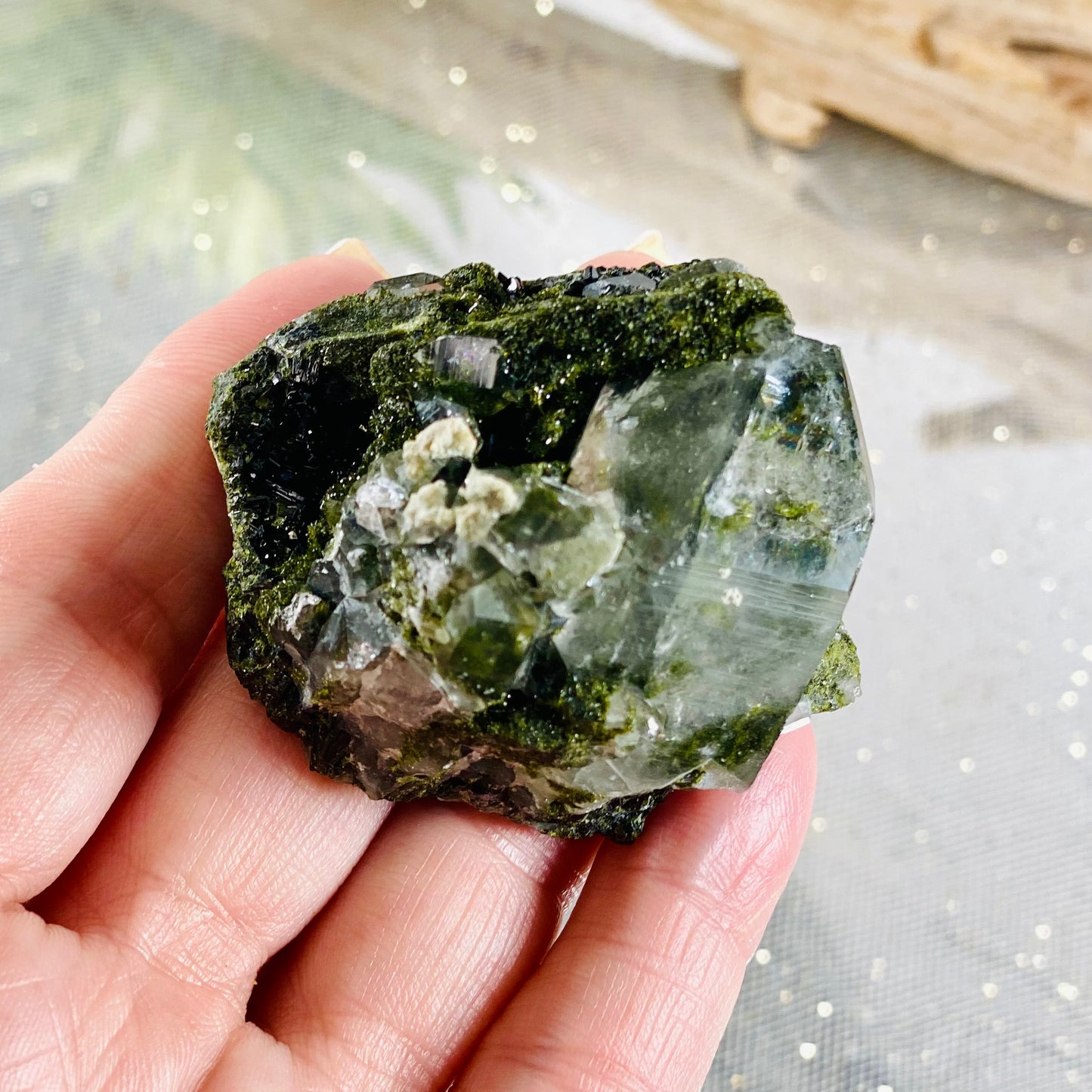 Epidote with Quartz Crystal for Healing, Growth, and Manifestation