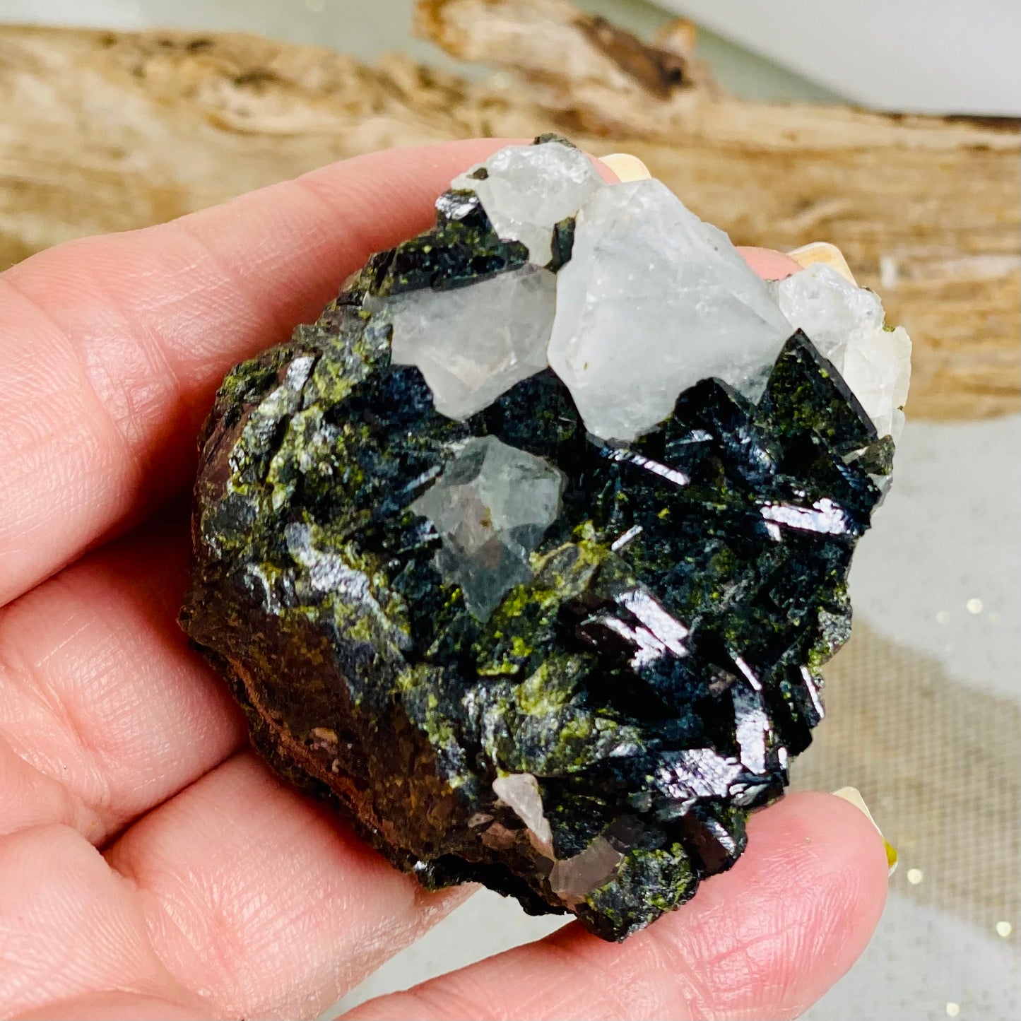 Epidote with Quartz Crystal for Healing, Growth, and Manifestation