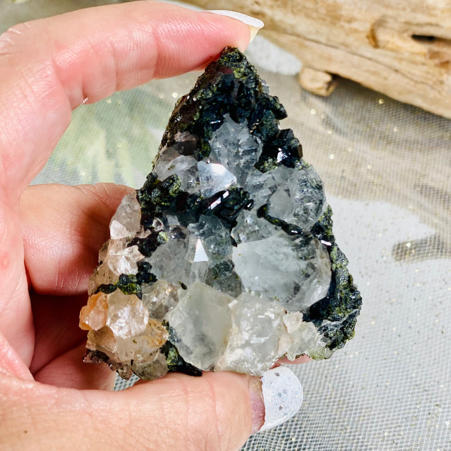 Epidote with Quartz Crystal for Healing, Growth, and Manifestation