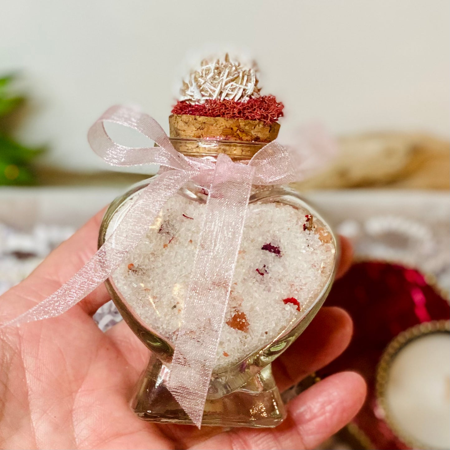 Heart's Retreat Gift Set: Himalayan & Epsom Salts, Rose Petal Bath Soak, Beaded Tealight Holder, and Sage Bundle