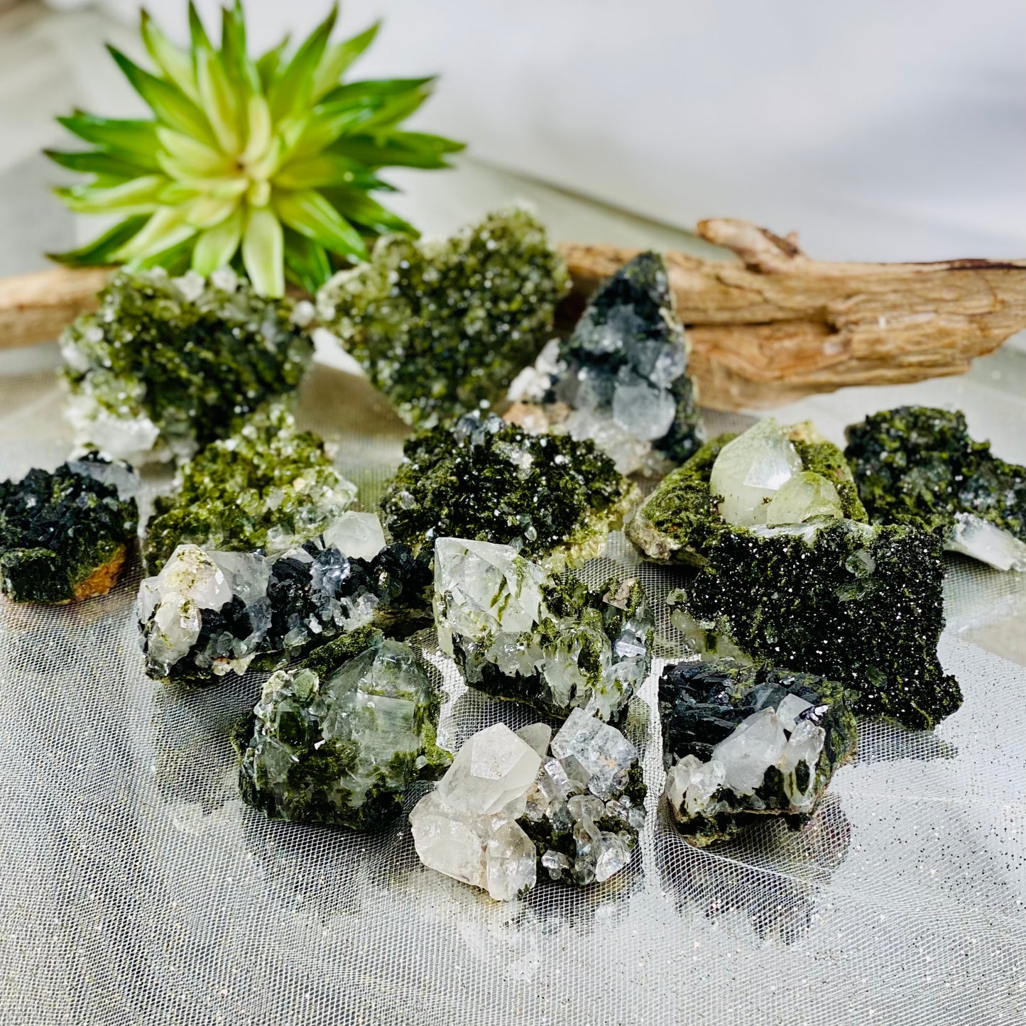 Epidote with Quartz Crystal for Healing, Growth, and Manifestation