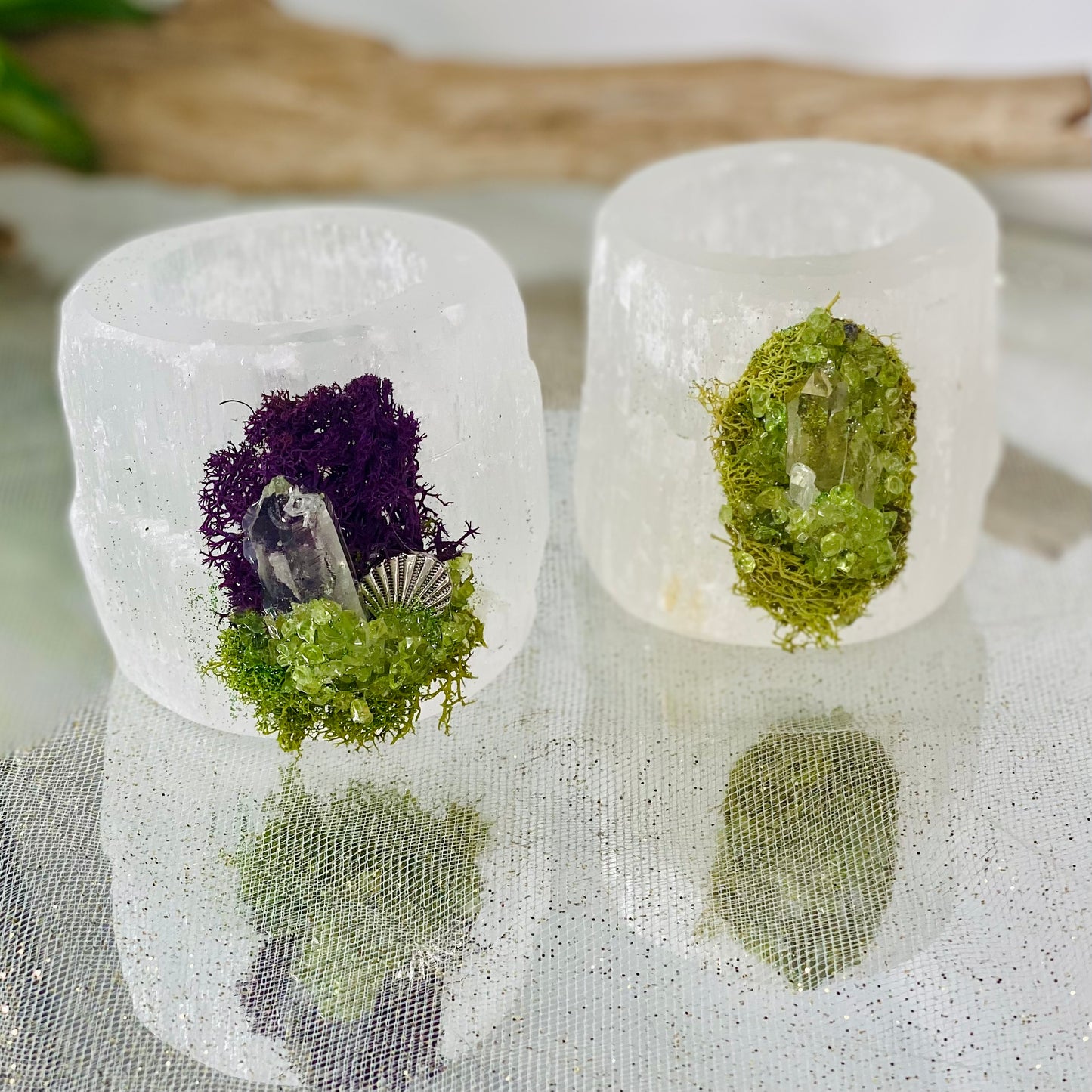 Beach-Themed Small Selenite Candle Holder Decorated with Fluorite & Peridot Crystal Chips