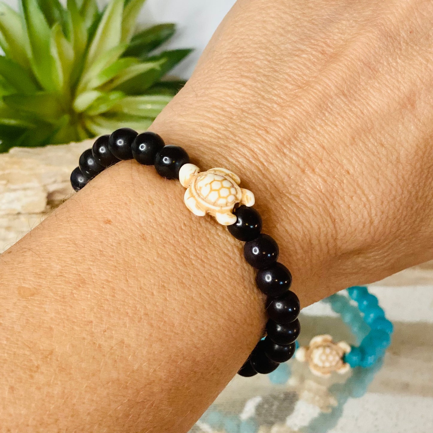 Blue Howlite or Black Bead 7-Inch Stretch Crystal Bracelet with Adorable Turtle Charm