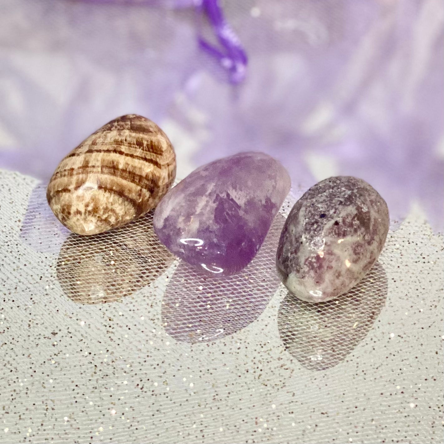 Tranquil Harmony Trio: Amethyst, Aragonite, and Lepidolite Crystal Set for Stress Relief