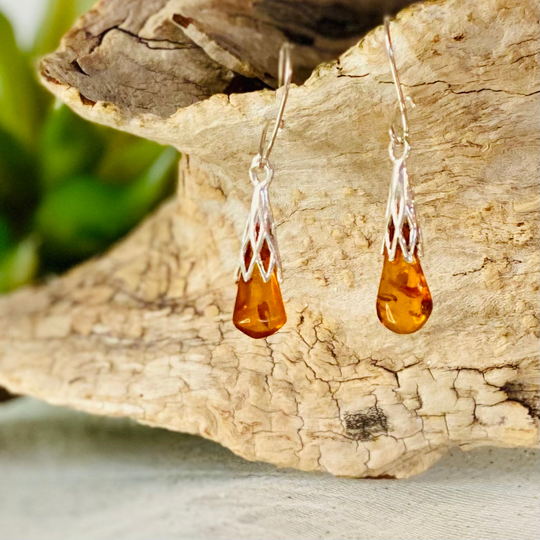 Sterling Silver Amber Stone Earrings: Ancient Healing Energies - Small