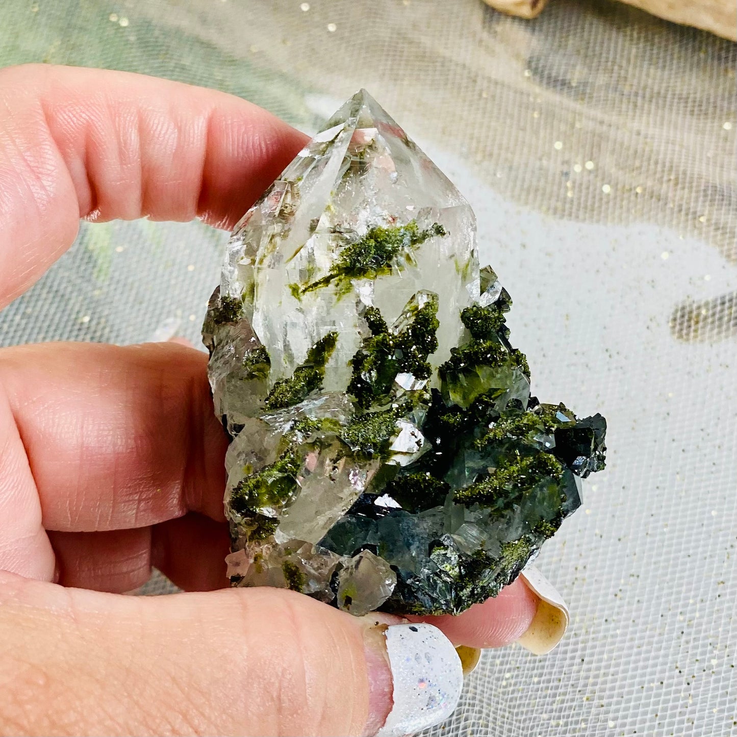 Epidote with Quartz Crystal for Healing, Growth, and Manifestation