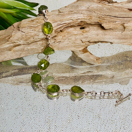 Radiant Harmony: Faceted & Raw Peridot Bracelet in Sterling Silver