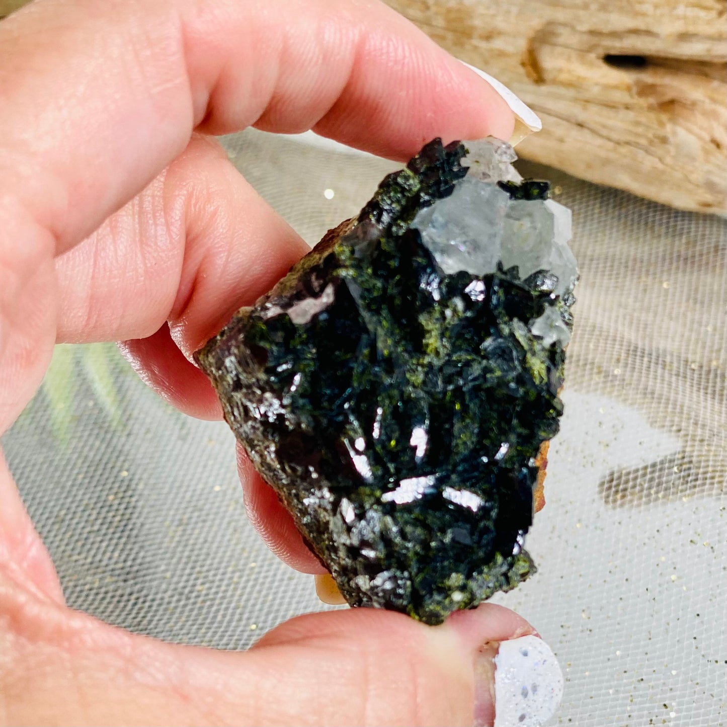 Epidote with Quartz Crystal for Healing, Growth, and Manifestation