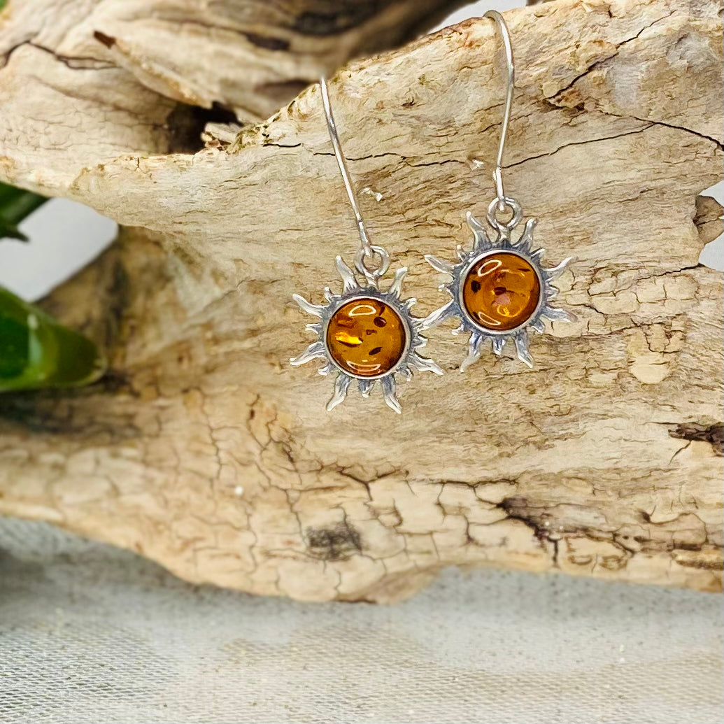 Sterling Silver Amber Sun Earrings: Radiant Healing Energies - small