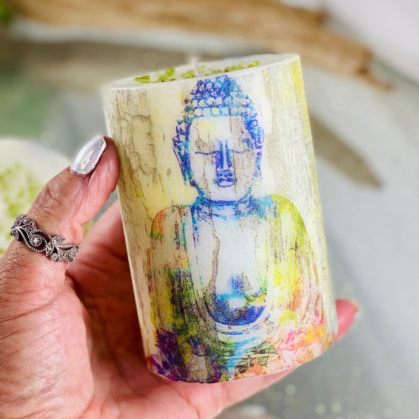 Peridot Buddha candle & crystal set- CBTS