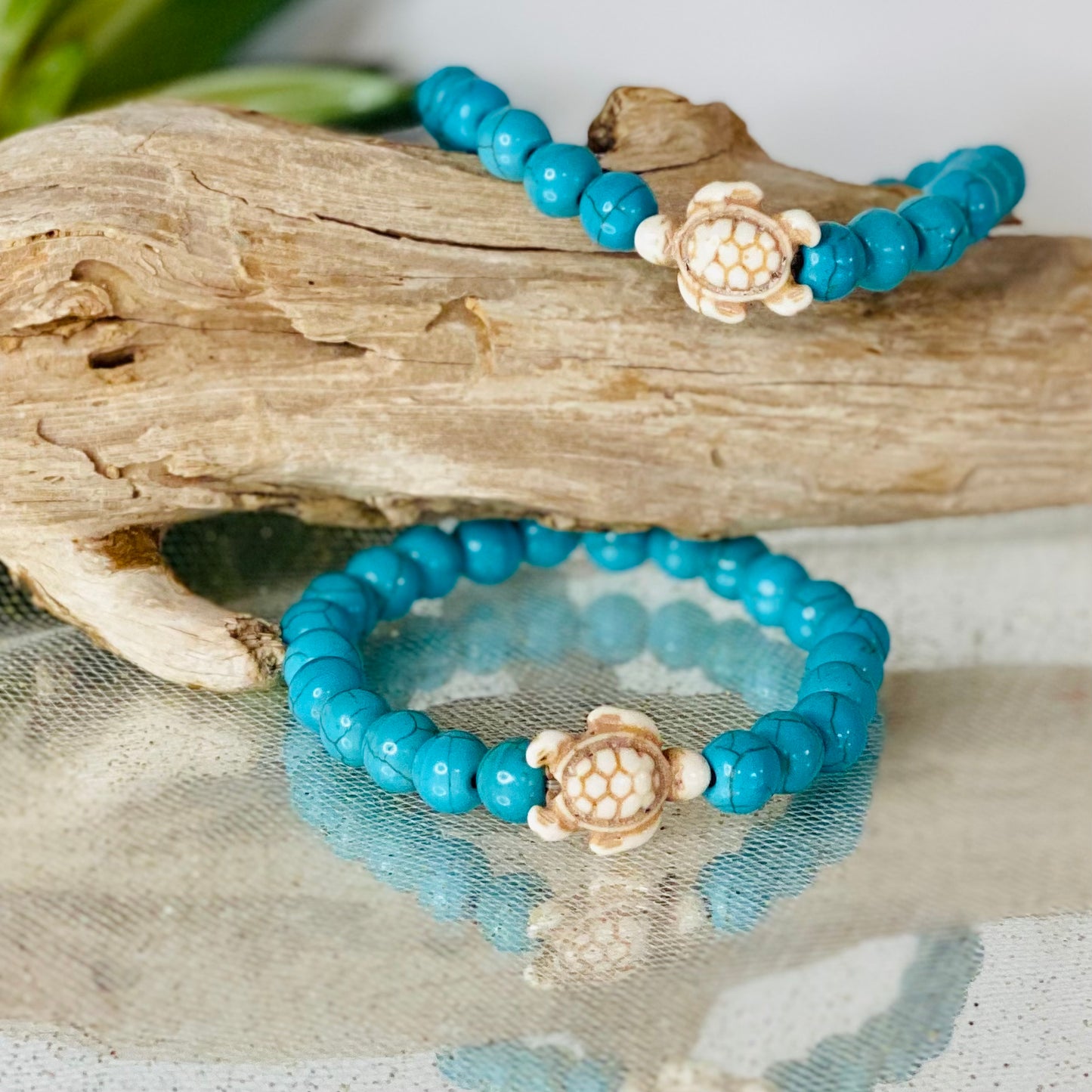 Blue Howlite or Black Bead 7-Inch Stretch Crystal Bracelet with Adorable Turtle Charm