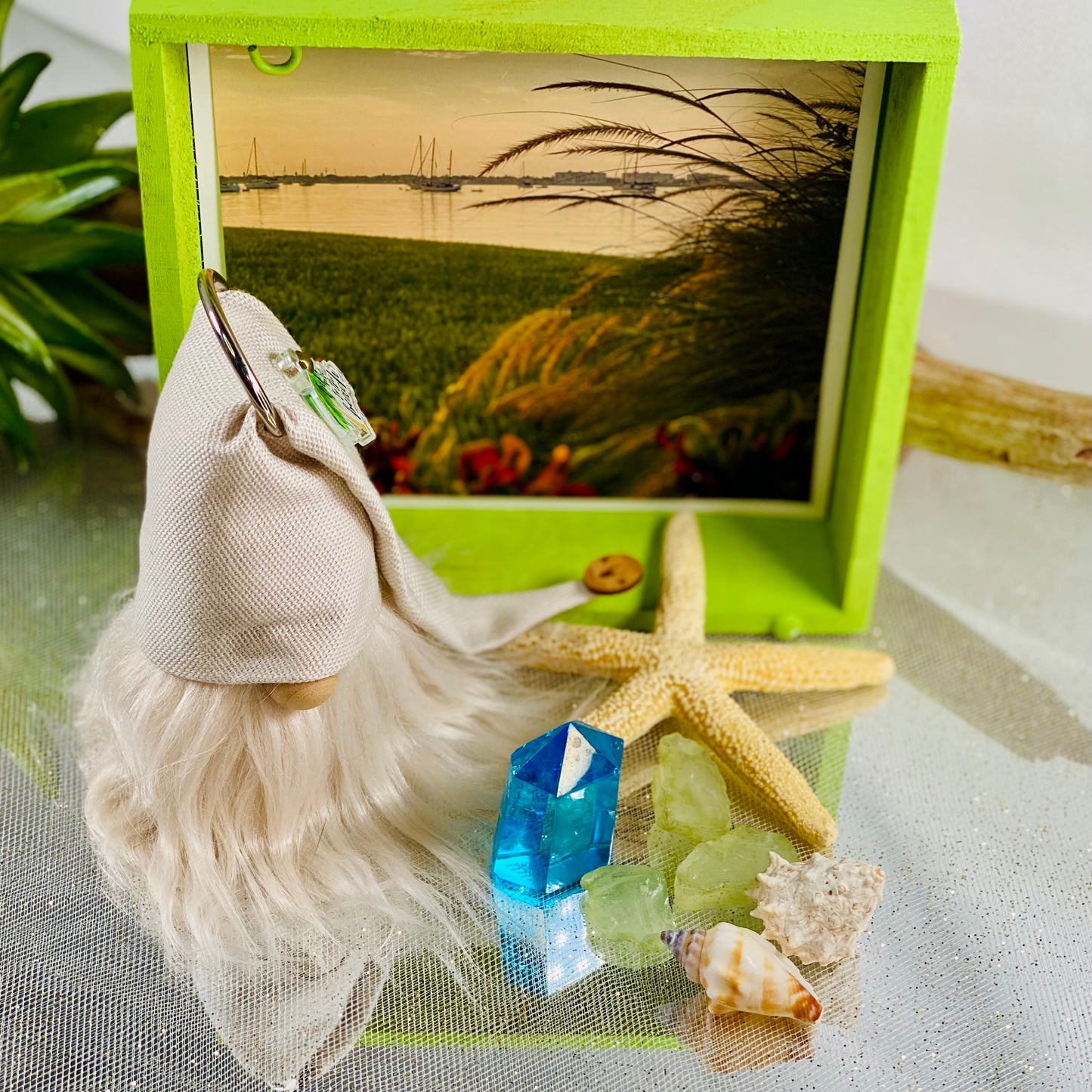 Beach-Themed Gnome Set with Healing Aqua Aura Quartz, Seaglass, Starfish, Shells, and Wood Gnome Home