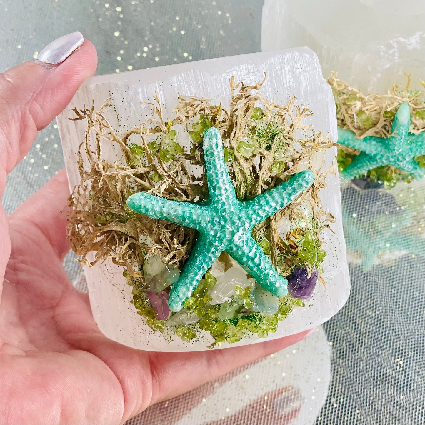 Beach-Themed Selenite Candle Holder Decorated with Fluorite & Peridot Crystal Chips and Starfish