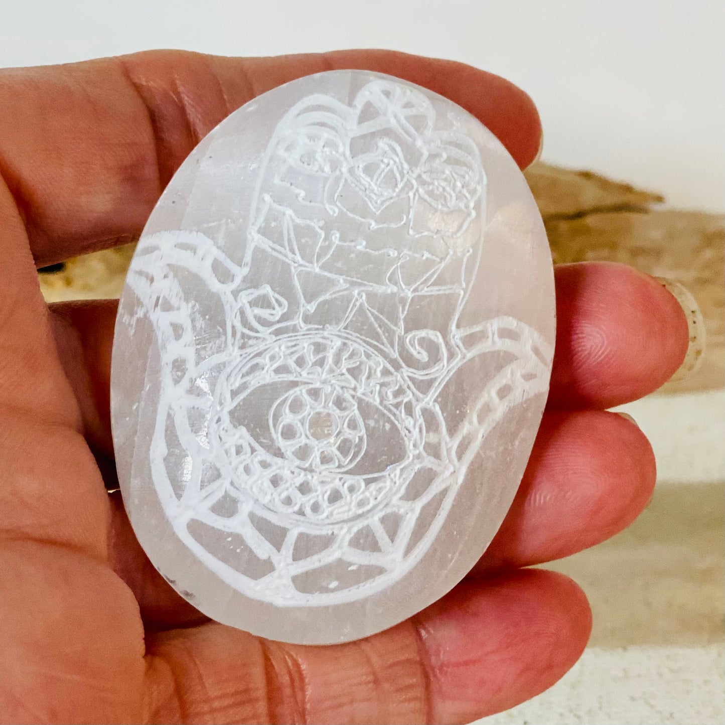 Selenite Hamsa Engraved Small Palm Stones for Harmony and Protection