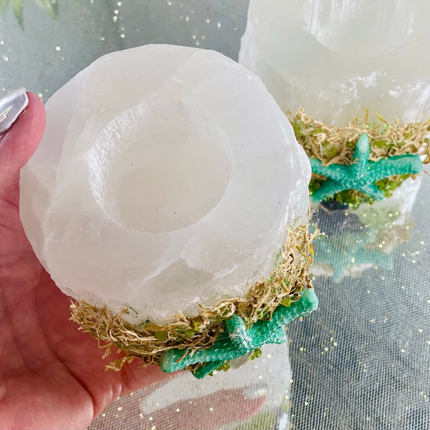 Beach-Themed Selenite Candle Holder Decorated with Fluorite & Peridot Crystal Chips and Starfish