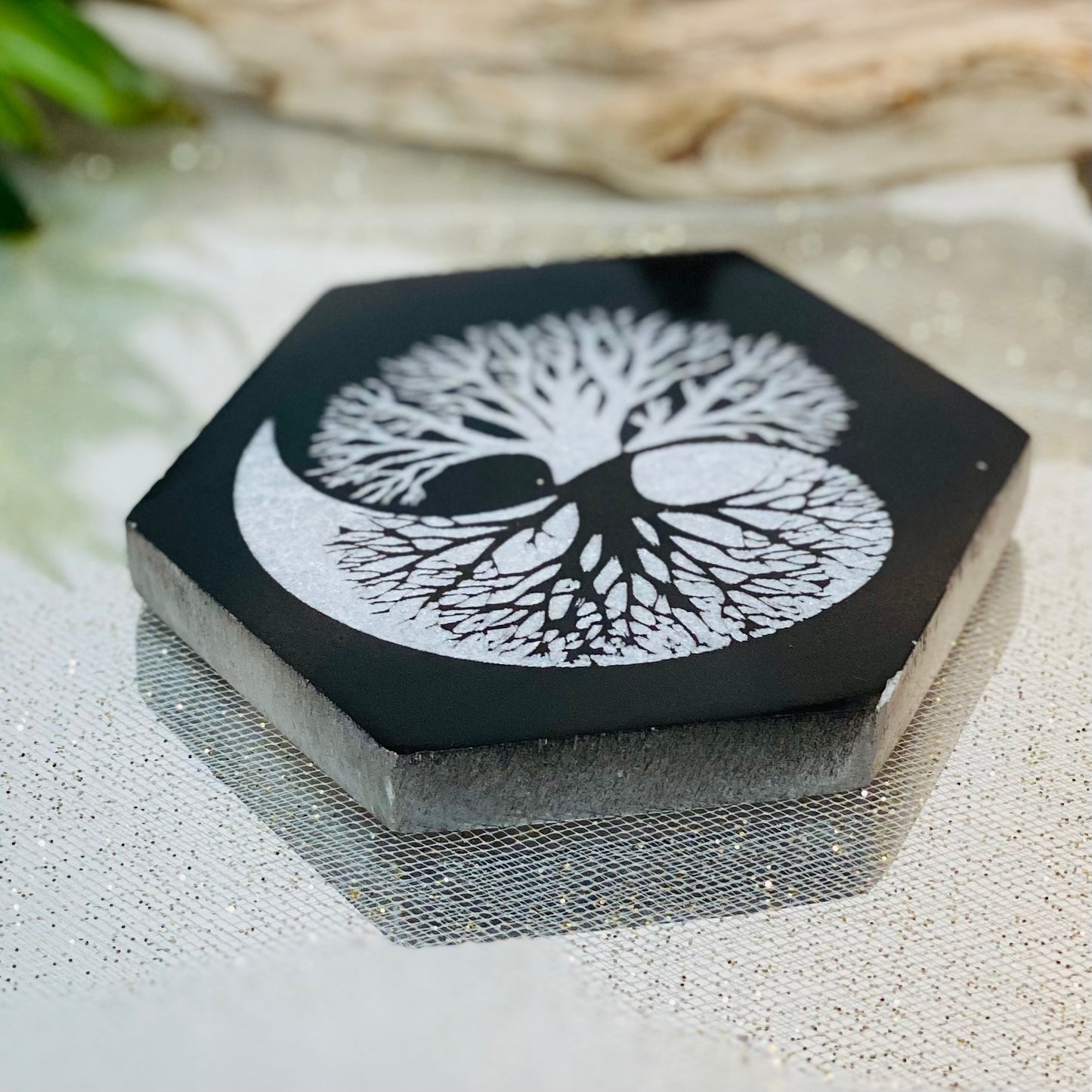 Ethereal Elegance: Hexagon Black & White Carved Selenite Plate