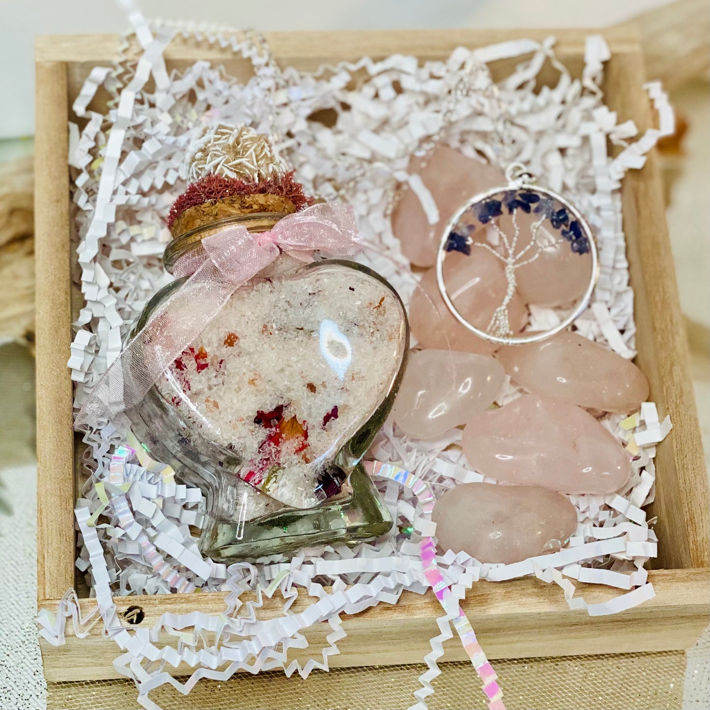 Harmony and Love Gift Set: Heart-Shaped Bath Salts with Desert Rose Crystal, Rose Quartz Tumbled Stones, and Tree of Life Necklace