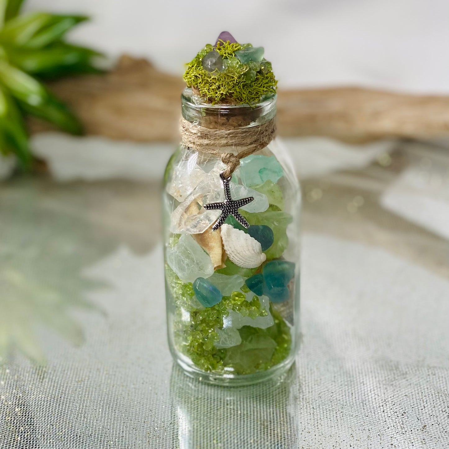 Enchanting Mini Beach Themed Bottles Filled with Seashells, Sea Glass, Quartz Point, Fluorite & Peridot Tumbled Chips | Coastal Treasure Bottles