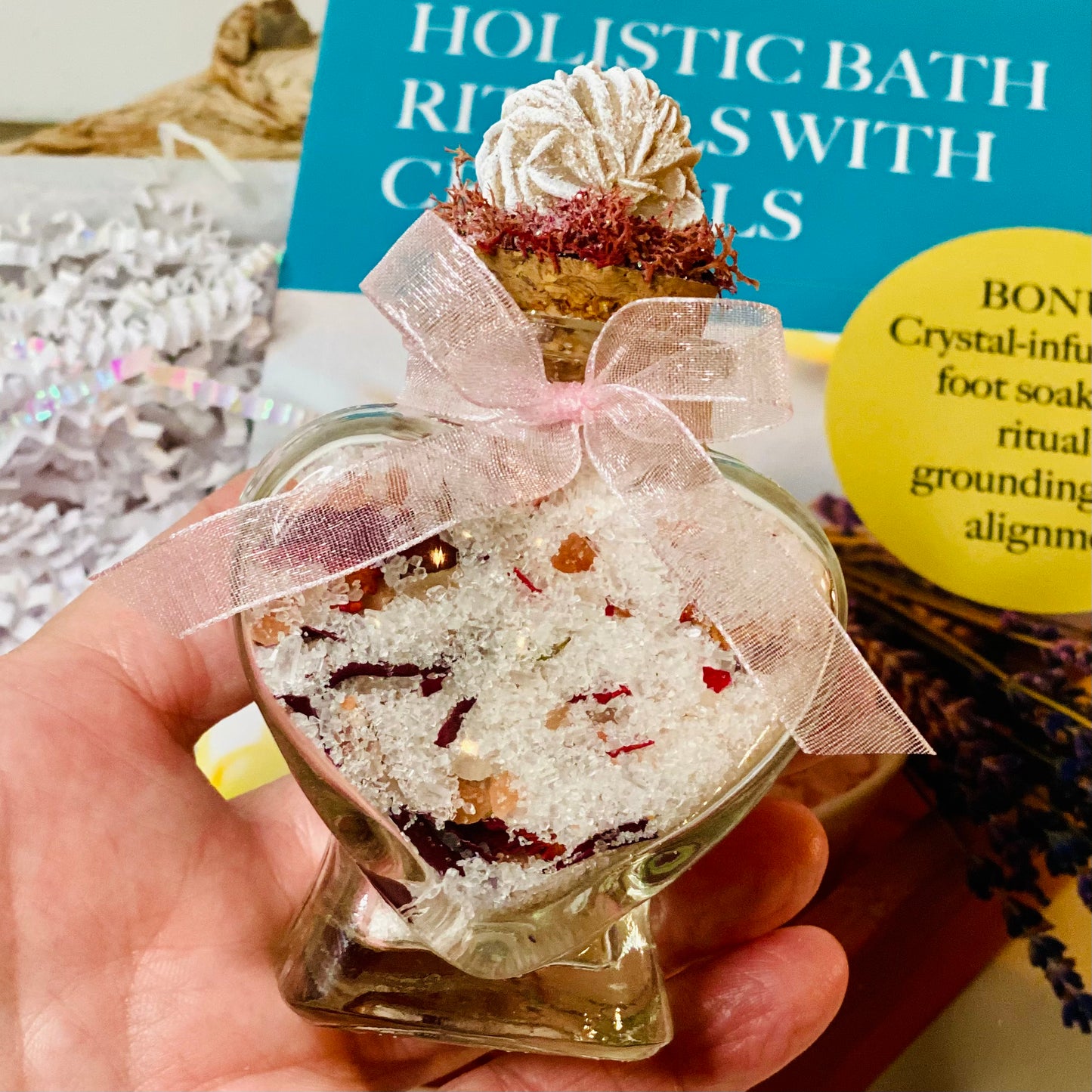 Serenity Spa Set: Rose Quartz Bath Ritual Kit with Raw Rose Quartz Chunk, Bath Salts & Book