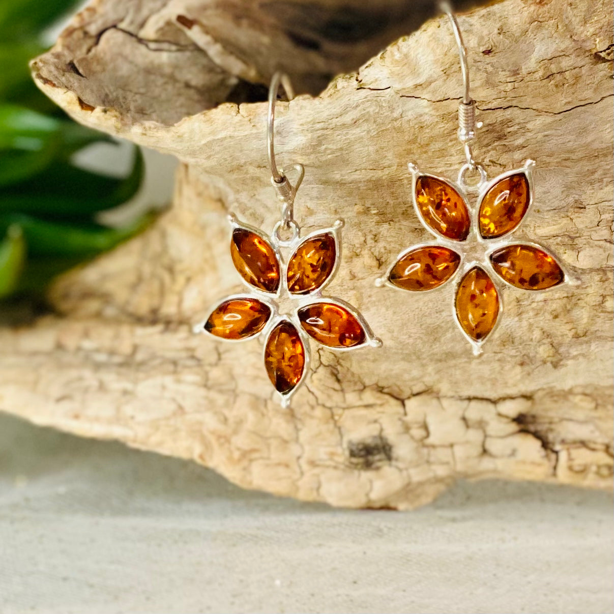 Sterling Silver Amber Flower Earrings: Blossoms of Healing Energy